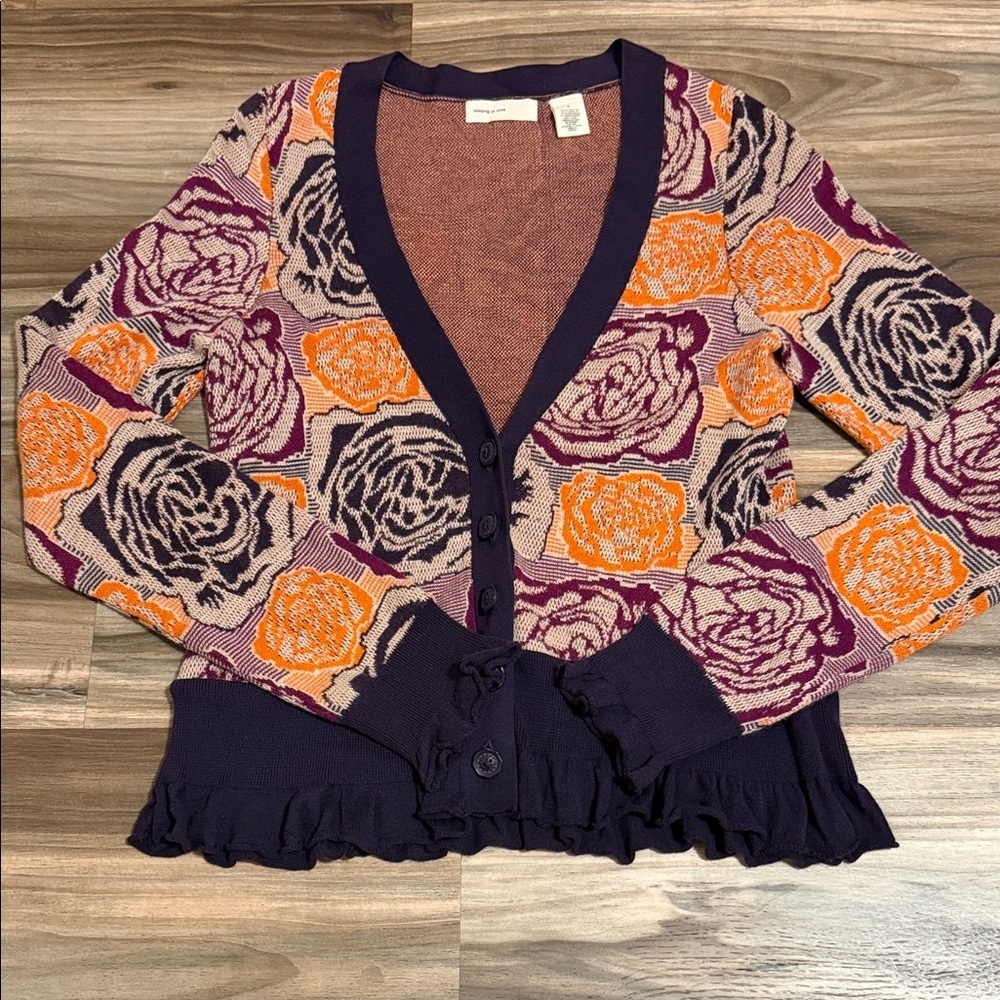 Sleeping on Snow Floral Knit Cardigan Women’s Sz. M Angora Blend Ruffle Hem Boho